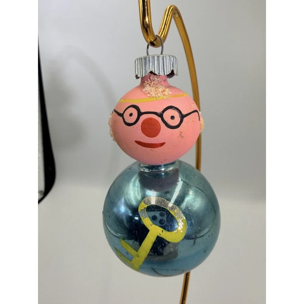 Vintage Shiny Brite Clown Grandparent Key Christmas Glass Ornament USA Pink Blue